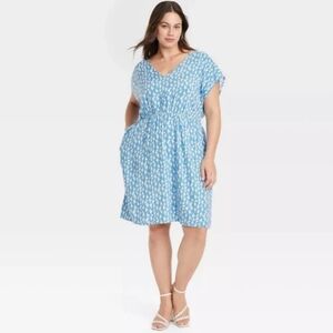 Ava & Viv Blue Floral Short Sleeve A-Line Dress Plus Size 3x